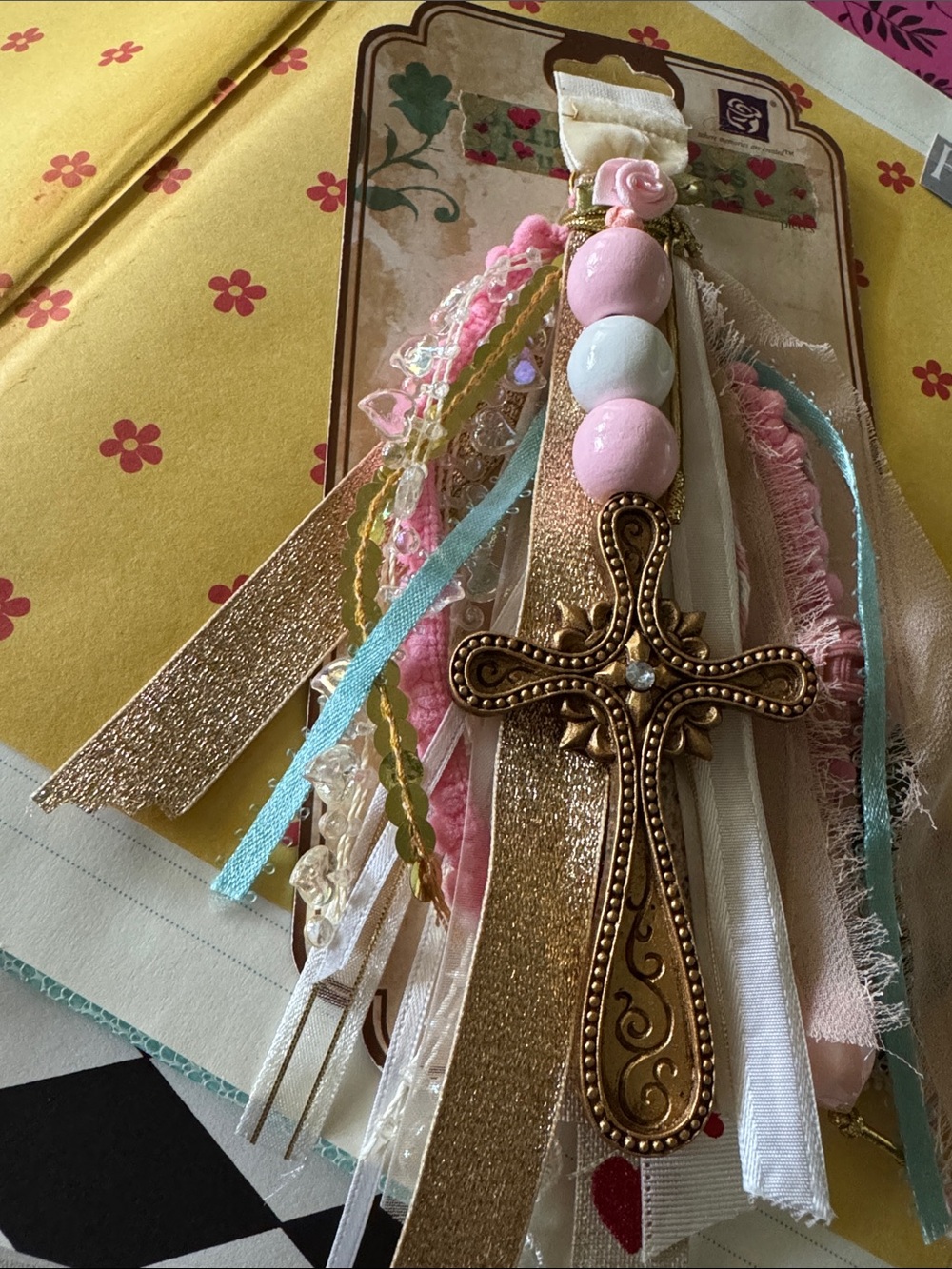 New Handmade Bible book mark with Gold Cross Tassel with Pink & White Beads